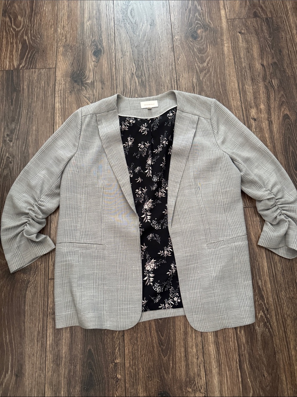 Skies Are Blue Light Gray Plaid Open-Front Blazer with Floral Lining